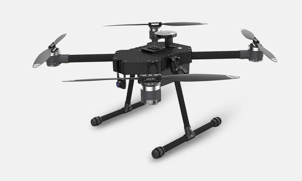 cyberone max drone in black and grey coloured has placed on white floor and background