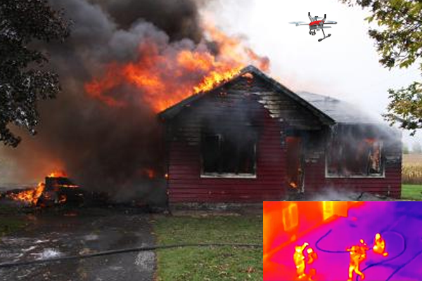 A building is on fire where two men attempting to extinguish the flames and cyberone drone is assisting by scanning the building to people locate in danger.